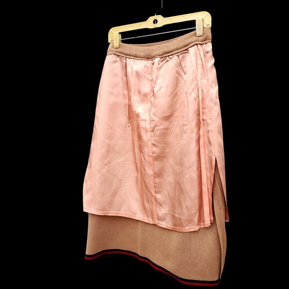 Vintage 60s 70s Wool Double-Knit Camel Skirt M Red Green Trim Pink Lining - Picture 10 of 11